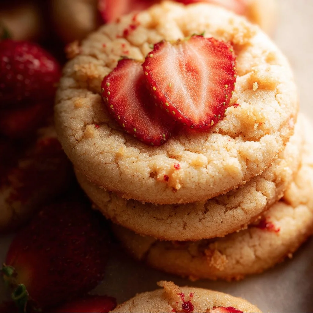 Delicious strawberry shortcake cookies arranged on a plate with fresh strawberries