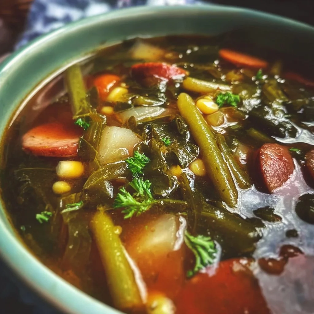 A vibrant bowl of Swamp Soup filled with fresh vegetables and herbs