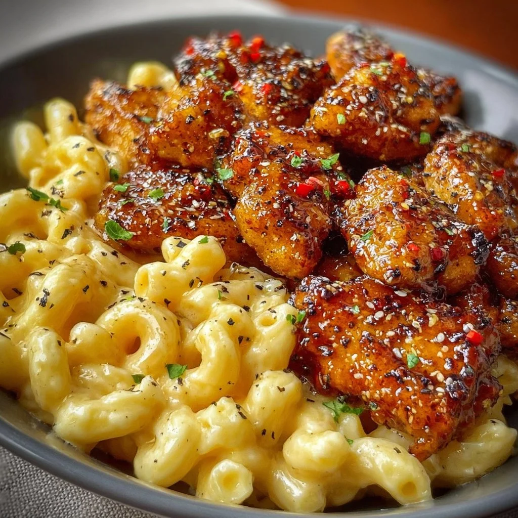 Sweet and spicy honey pepper chicken served with creamy mac and cheese