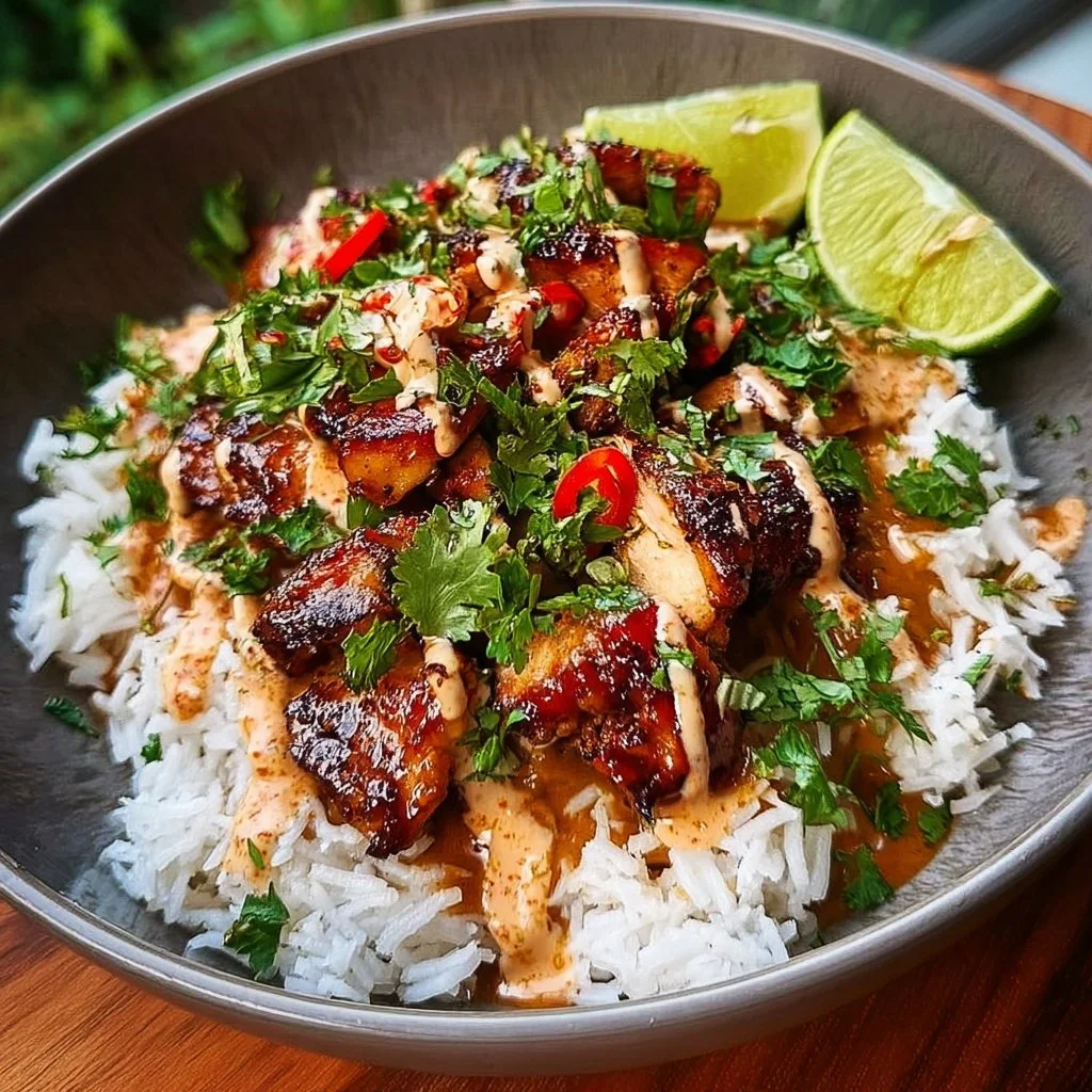 Sweet Chili Chicken Bowl with Coconut Lime Drizzle, a delicious meal option.
