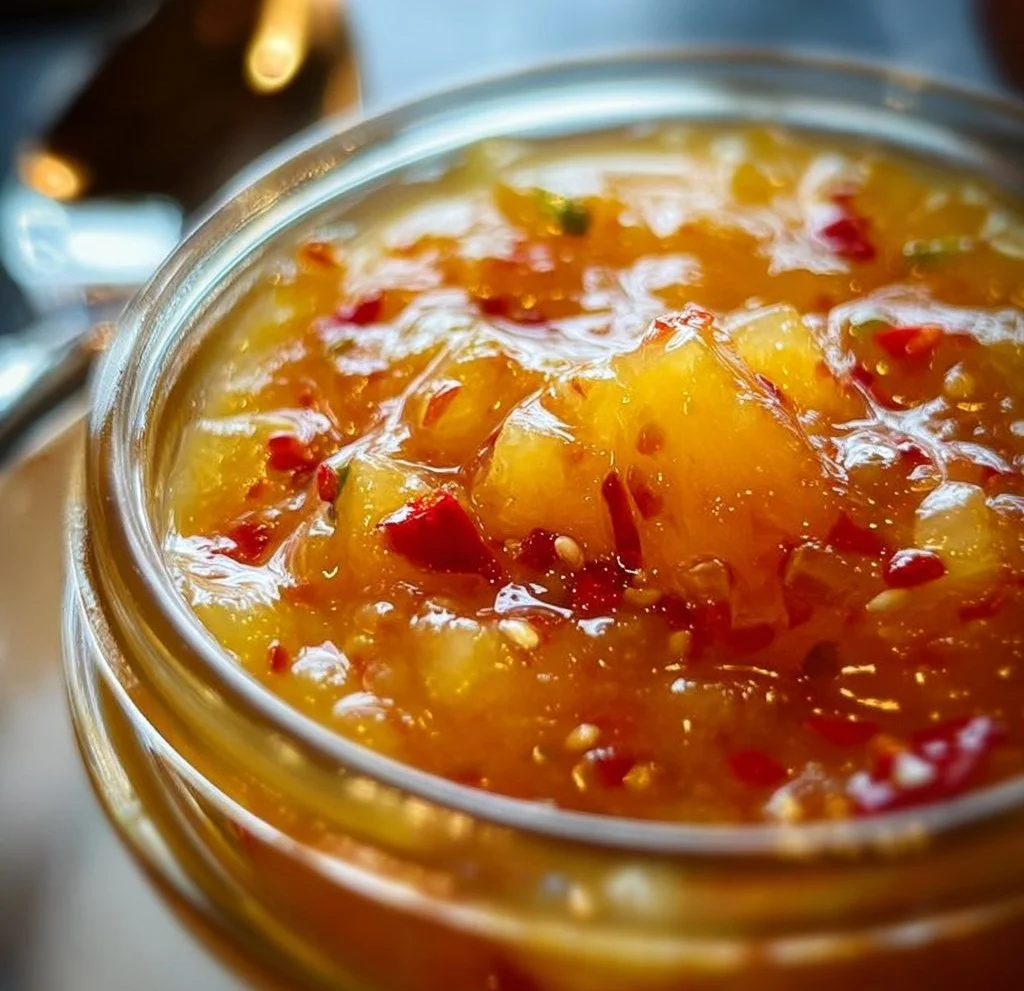 Bottle of Sweet Chili Pineapple Sauce with fresh ingredients