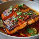 Delicious Sweet Chilli Salmon garnished with fresh herbs and served on a plate.