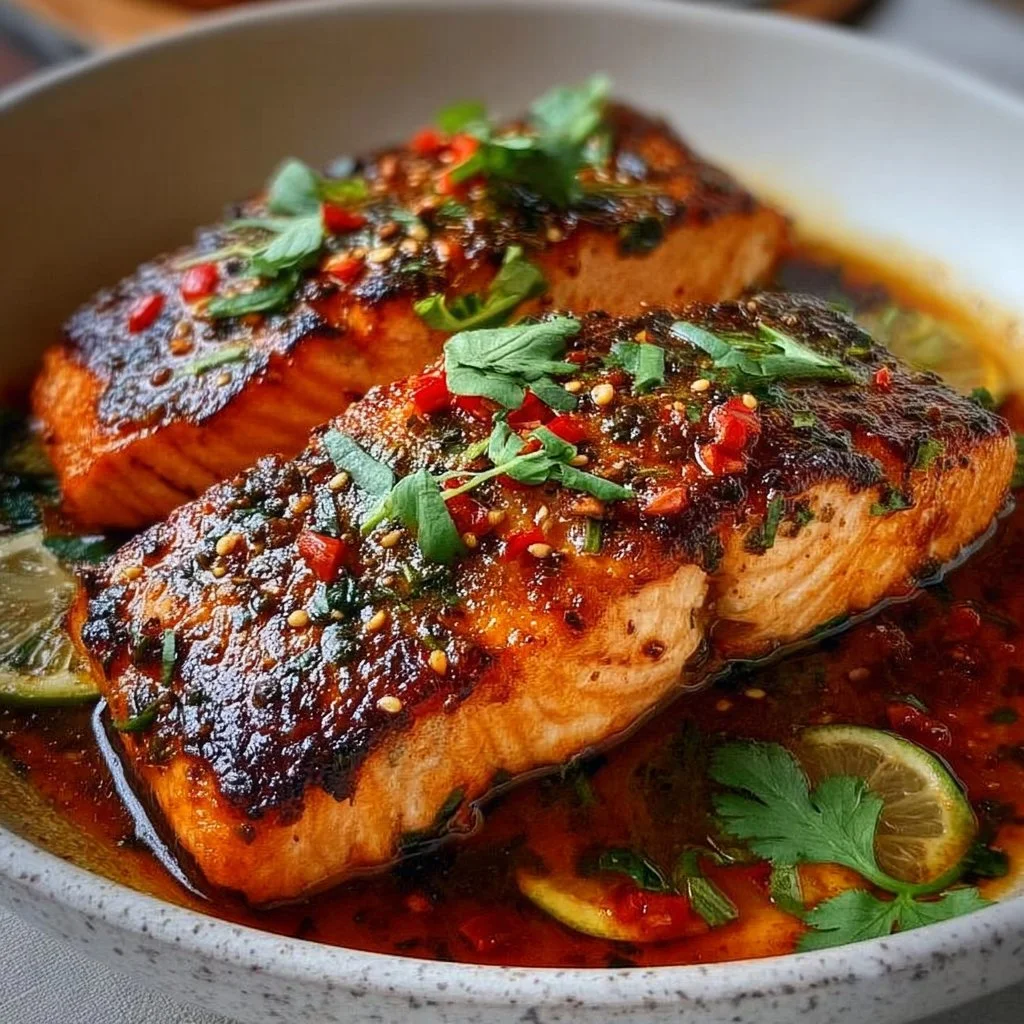 Delicious Sweet Chilli Salmon garnished with fresh herbs and served on a plate.