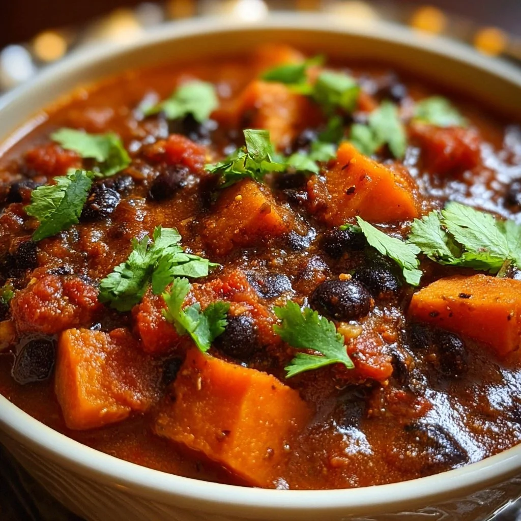 Sweet Potato and Black Bean Chili served in a bowl with toppings