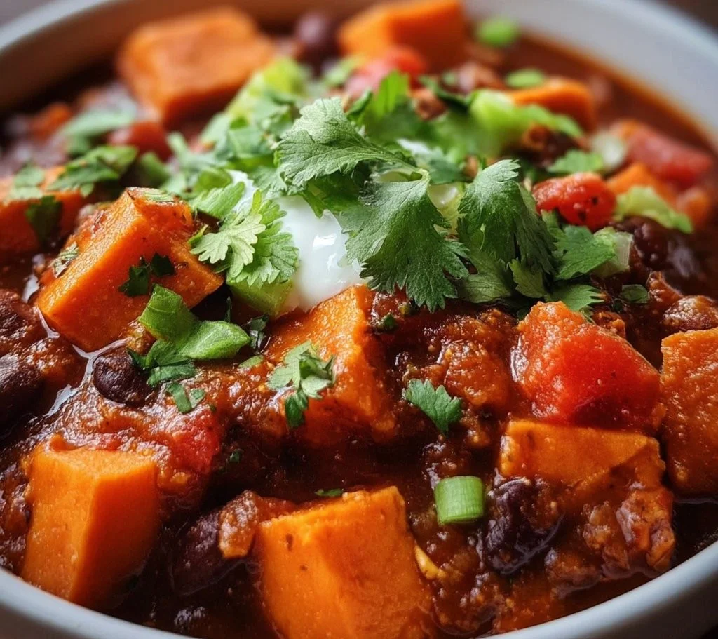 Bowl of delicious sweet potato chili topped with cilantro and served with bread