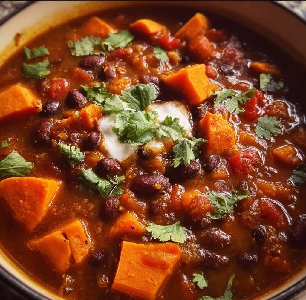 Bowl of hearty sweet potato chili topped with fresh herbs