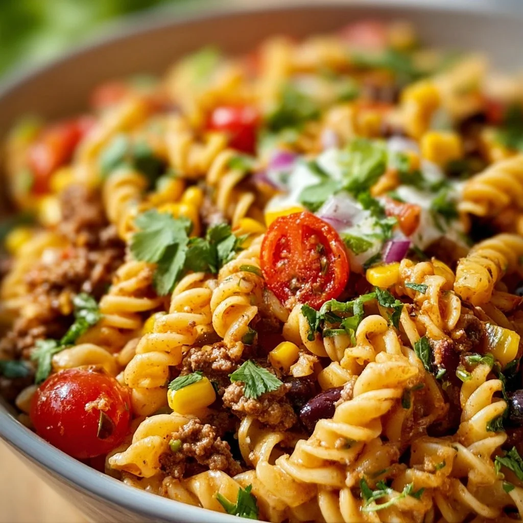 Colorful Taco Pasta Salad with fresh ingredients in a bowl