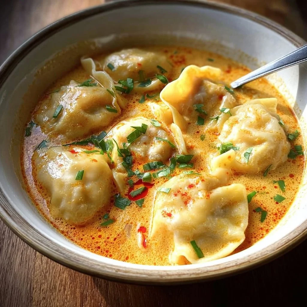 Delicious Thai Coconut Curry Dumpling Soup in a bowl garnished with herbs