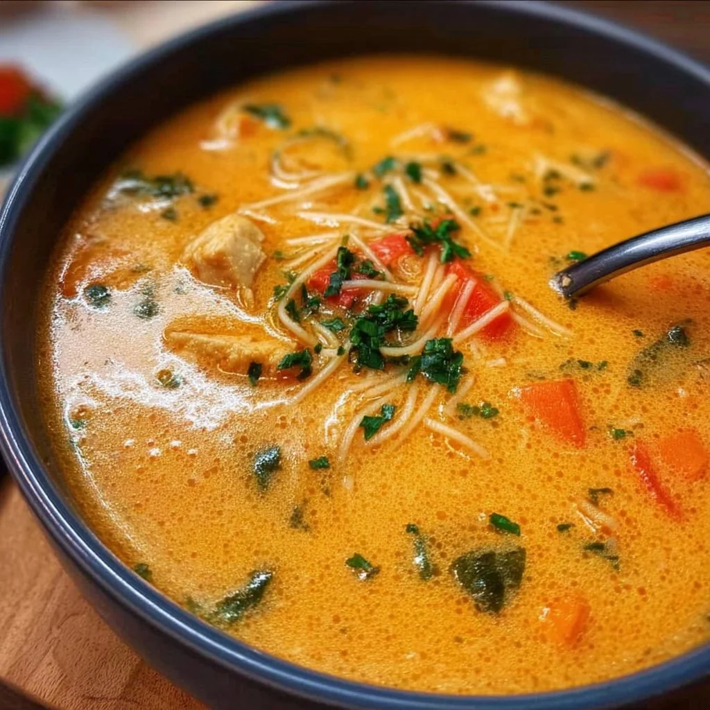 Bowl of Thai coconut curry soup garnished with herbs and spices