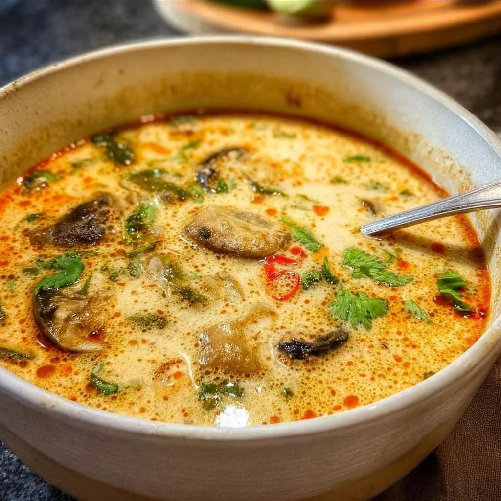 Bowl of vegan Thai coconut soup topped with fresh herbs and vegetables
