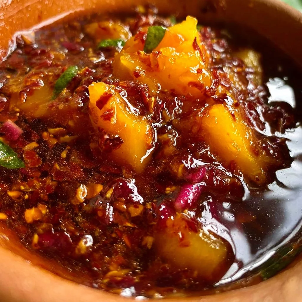 Homemade Thai mango dipping sauce served in a bowl with fresh mango slices.