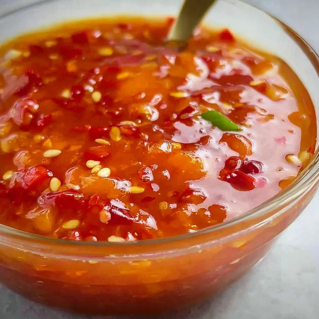 Bottle of Thai sweet chili sauce on a wooden table
