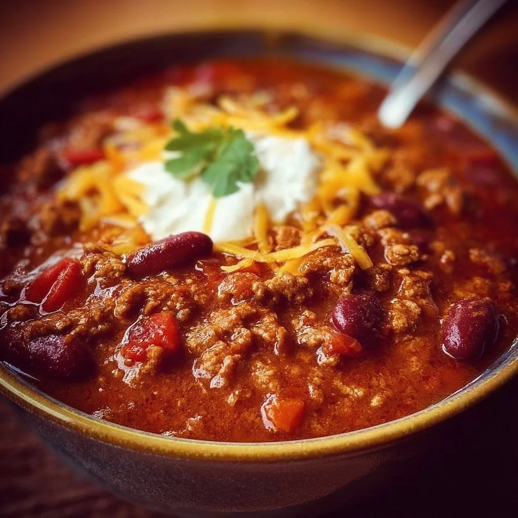 Delicious Pioneer Woman Chili served in a bowl with toppings