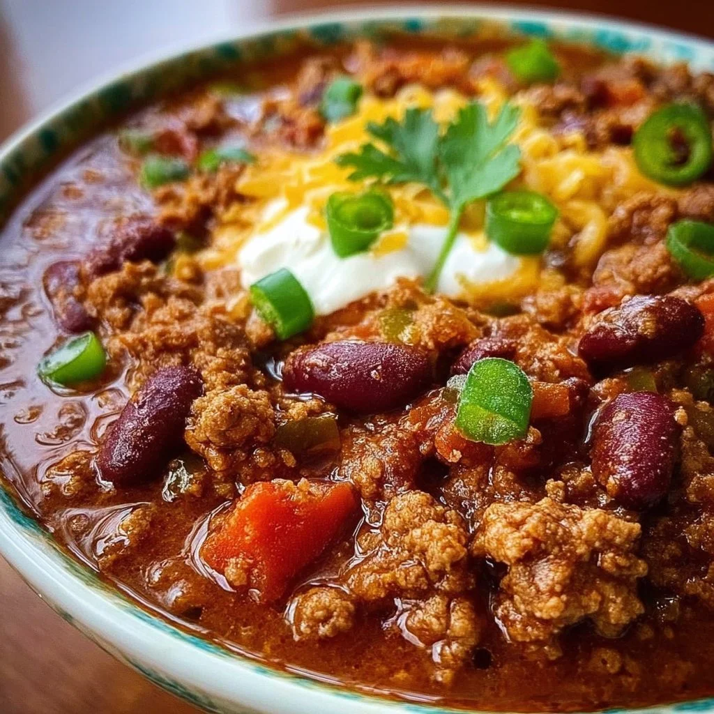A bowl of The Pioneer Woman's chili topped with cheese and herbs.