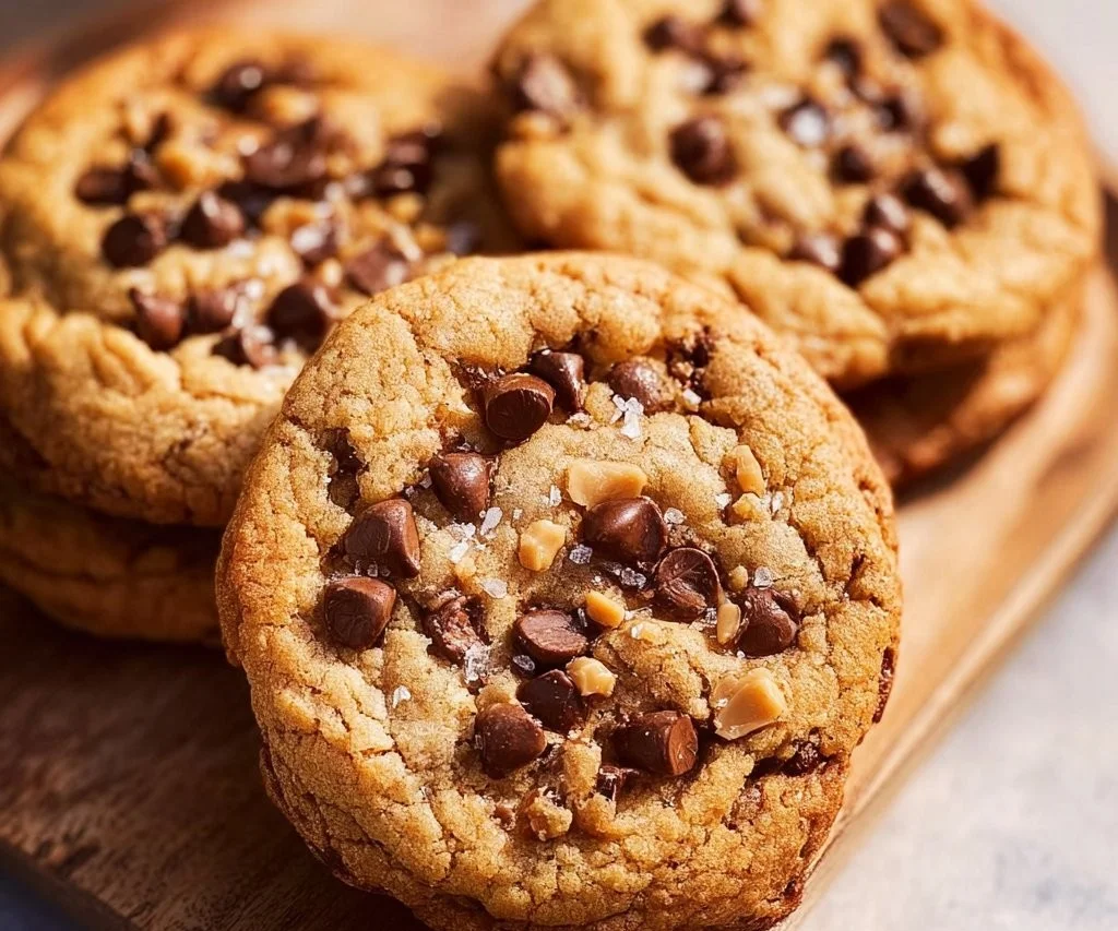 Batch of freshly baked toffee chocolate chip cookies on a cooling rack.