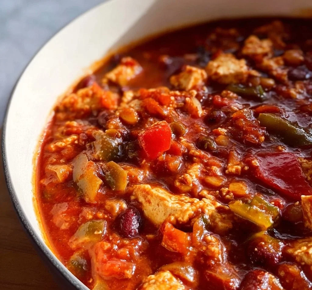 Delicious tofu chili bowl topped with fresh herbs and spices