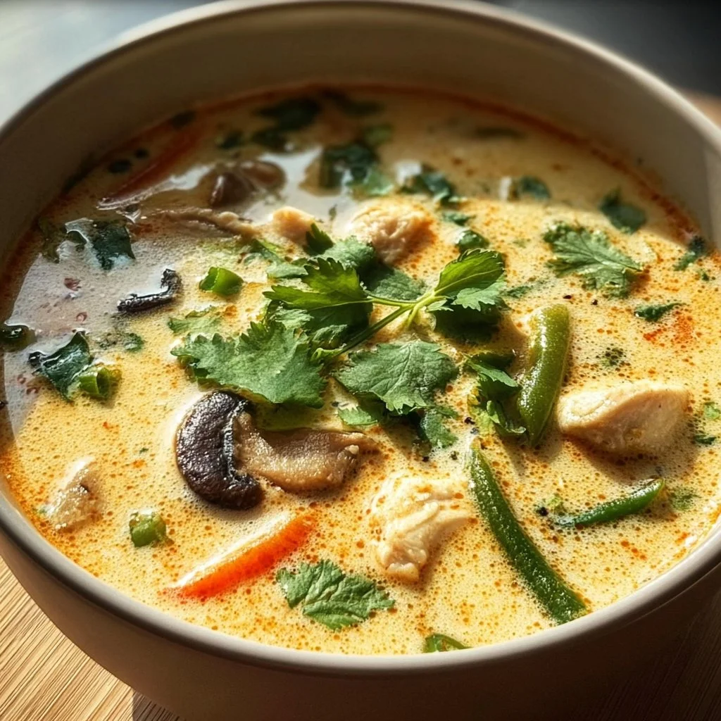 Bowl of Tom Kha Gai Soup with chicken, mushrooms, and cilantro