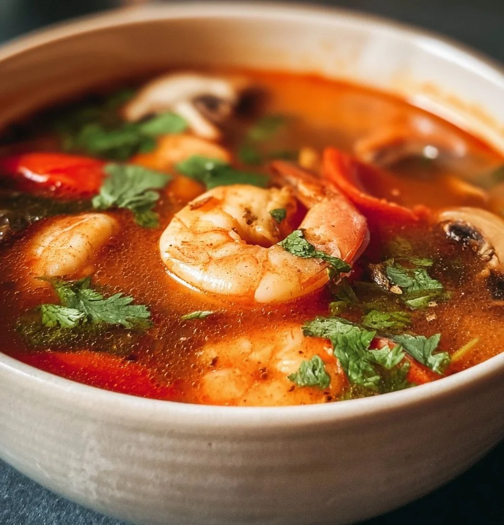 Bowl of authentic Tom Yum Soup with shrimp, herbs, and spices