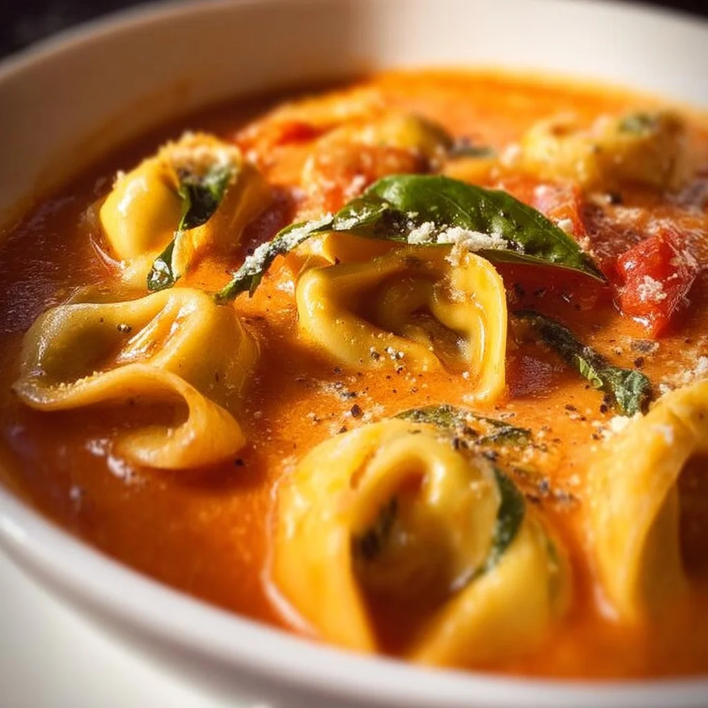 Bowl of Tomato Tortellini Soup garnished with fresh herbs