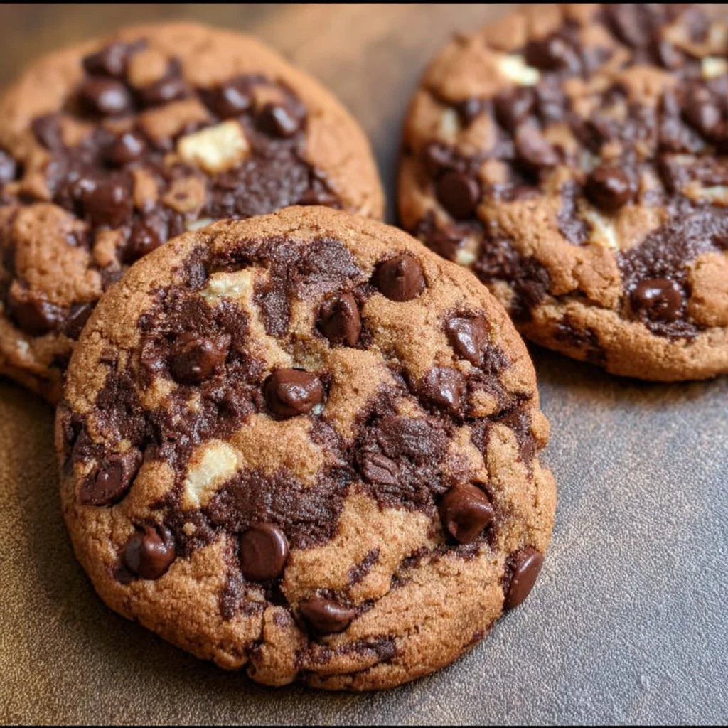 Delicious triple chocolate chip cookies with gooey chocolate chunks