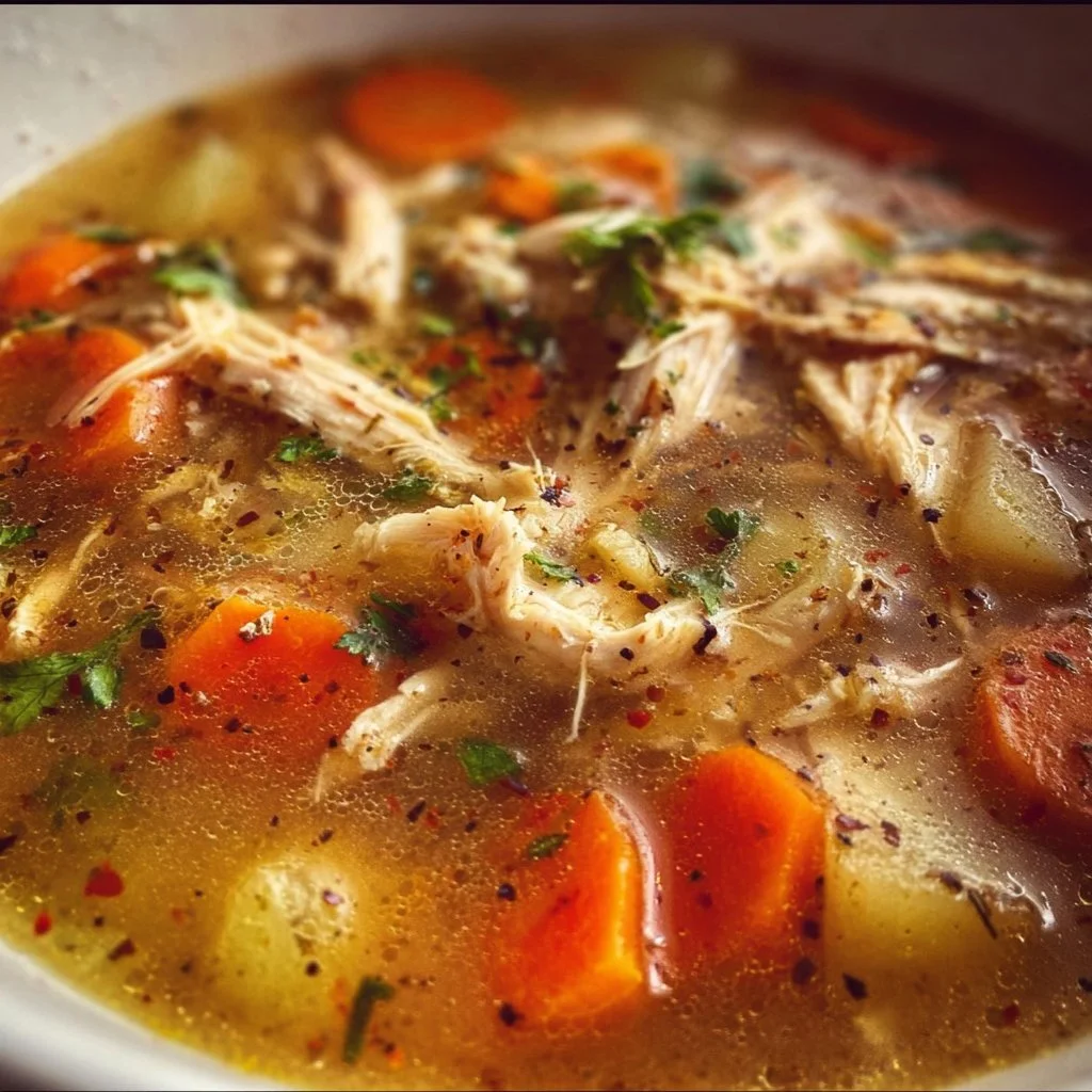 Bowl of homemade Turkey Carcass Soup with vegetables and herbs