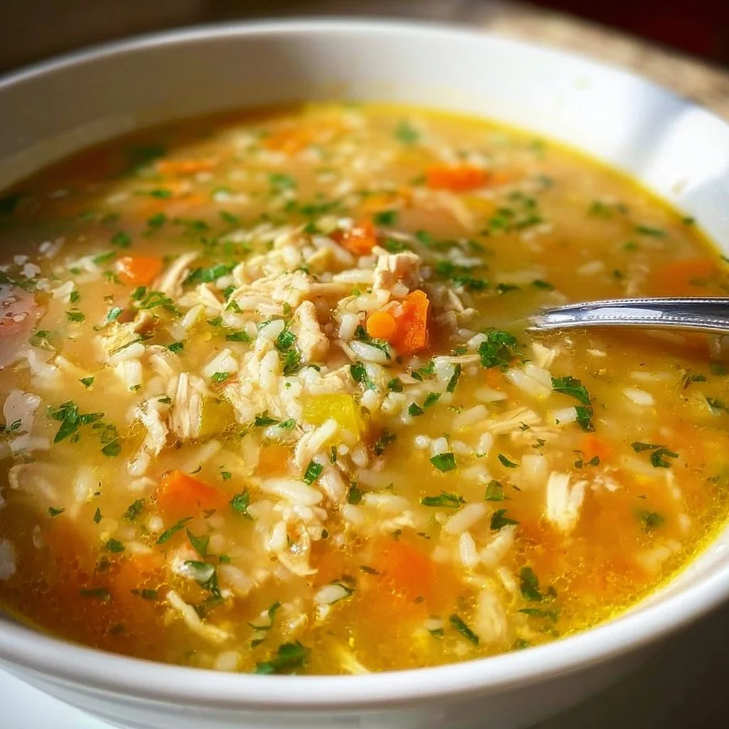 Bowl of homemade Turkey Rice Soup with vegetables and herbs