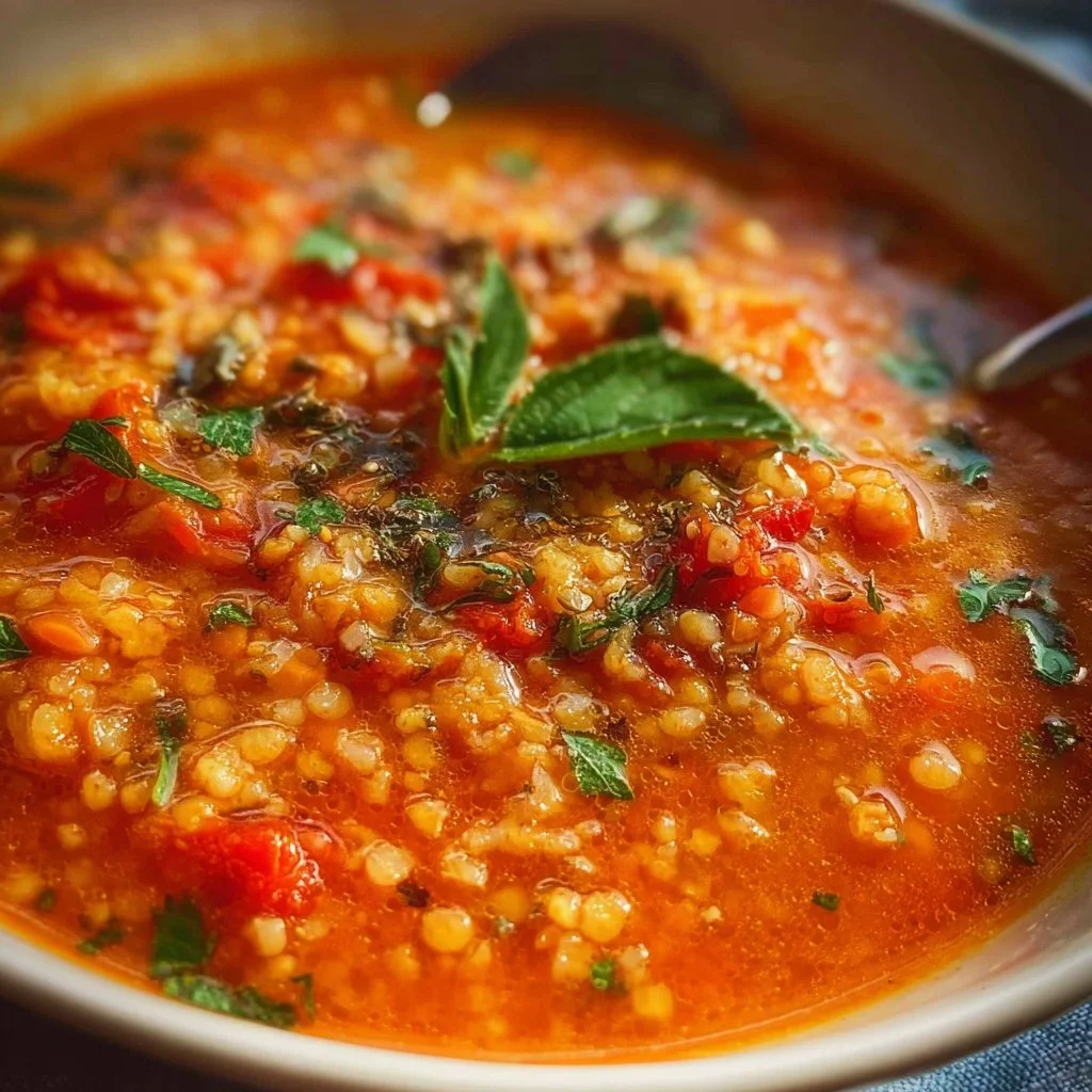 Bowl of Turkish Bulgur Soup garnished with herbs and spices.