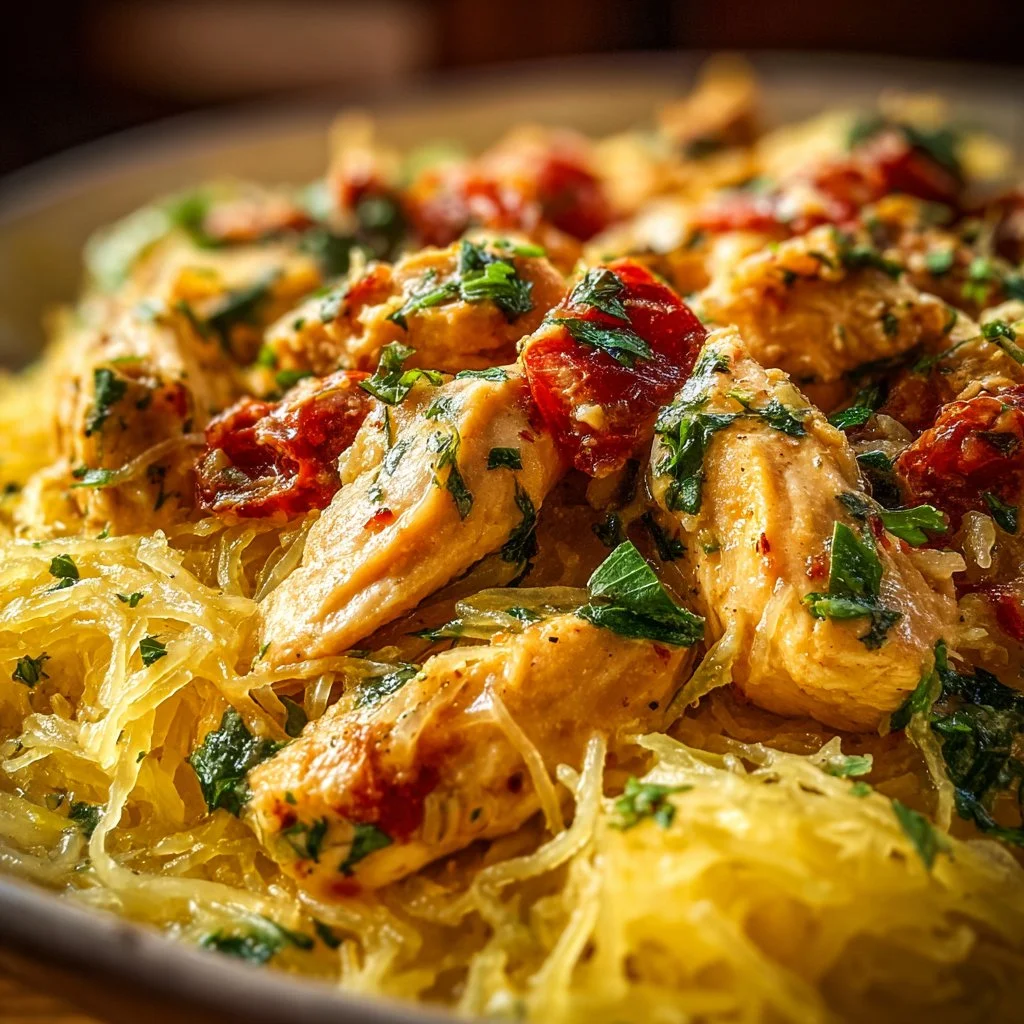 Delicious Tuscan Chicken served with spaghetti squash for a healthy meal.