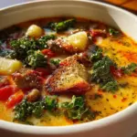 A bowl of Tuscany Soup featuring fresh vegetables and herbs, a classic Italian dish
