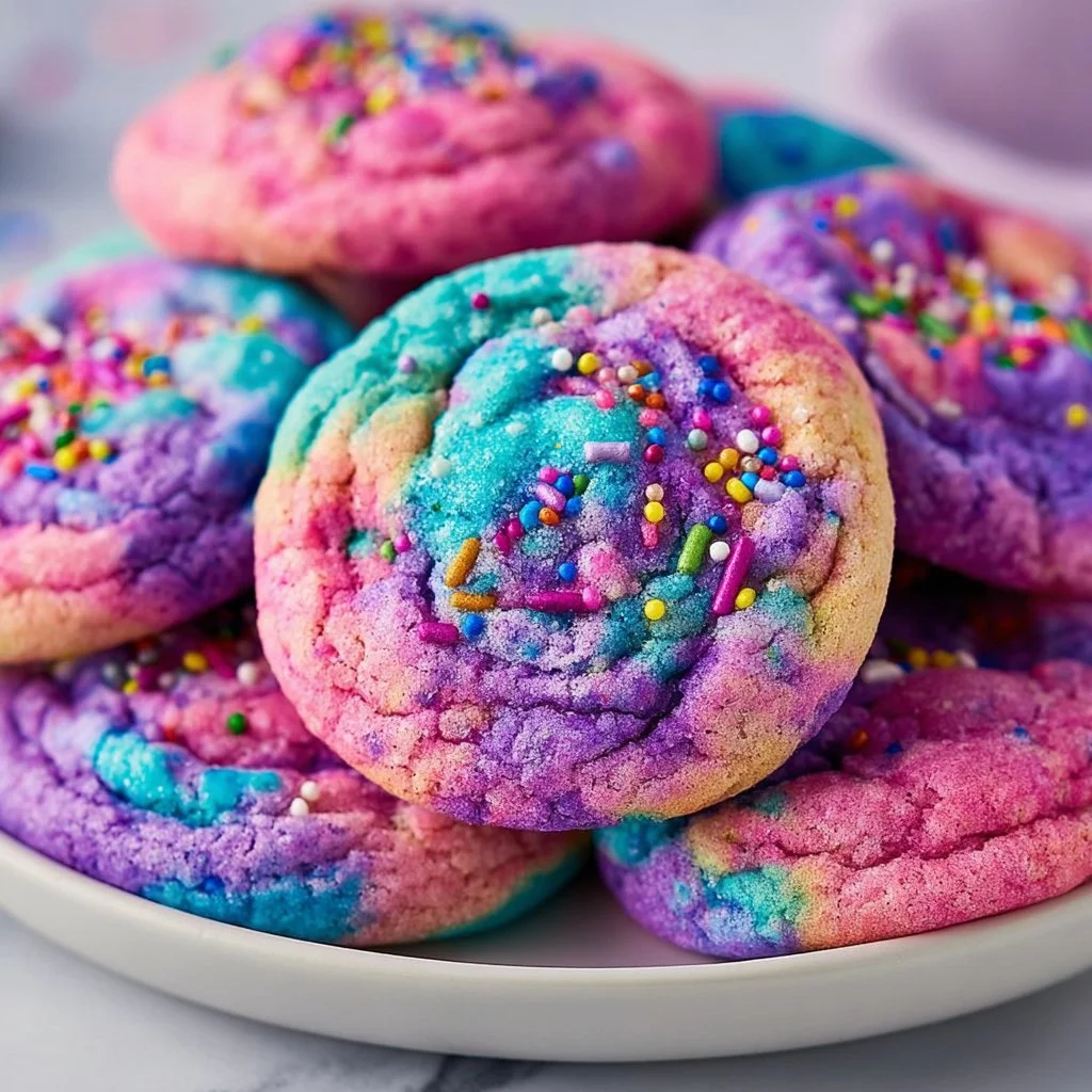Colorful unicorn cookies decorated with icing and sprinkles