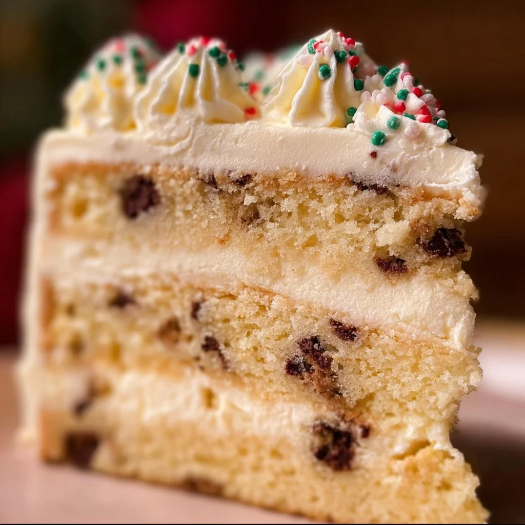 Delicious vanilla cake topped with decadent cookie dough layers