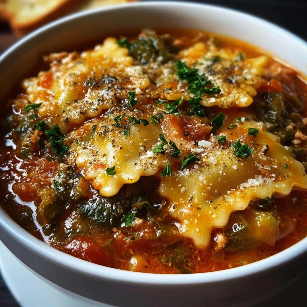Bowl of Vegan Lasagna Soup with fresh herbs and vegetables