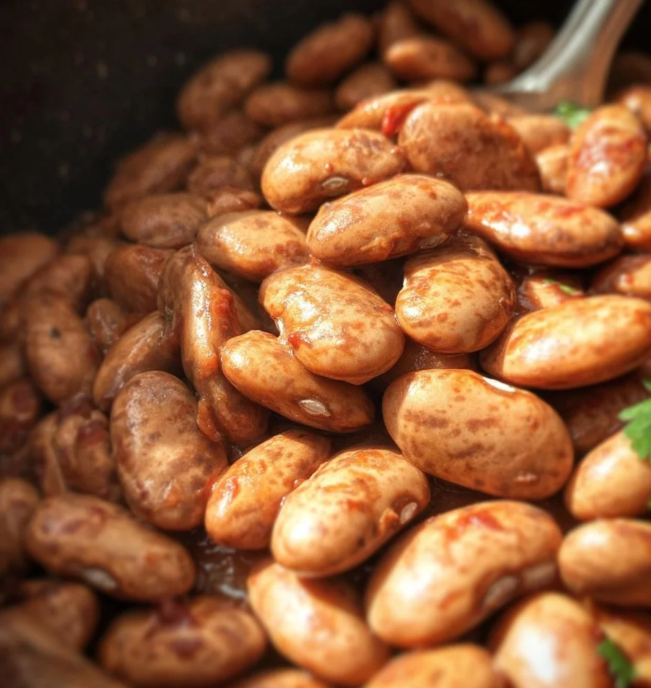 Vegan Mexican Pinto Beans served in a bowl with fresh toppings