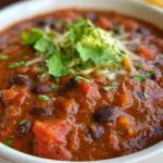 Bowl of delicious vegetarian chili topped with fresh herbs and served with cornbread.