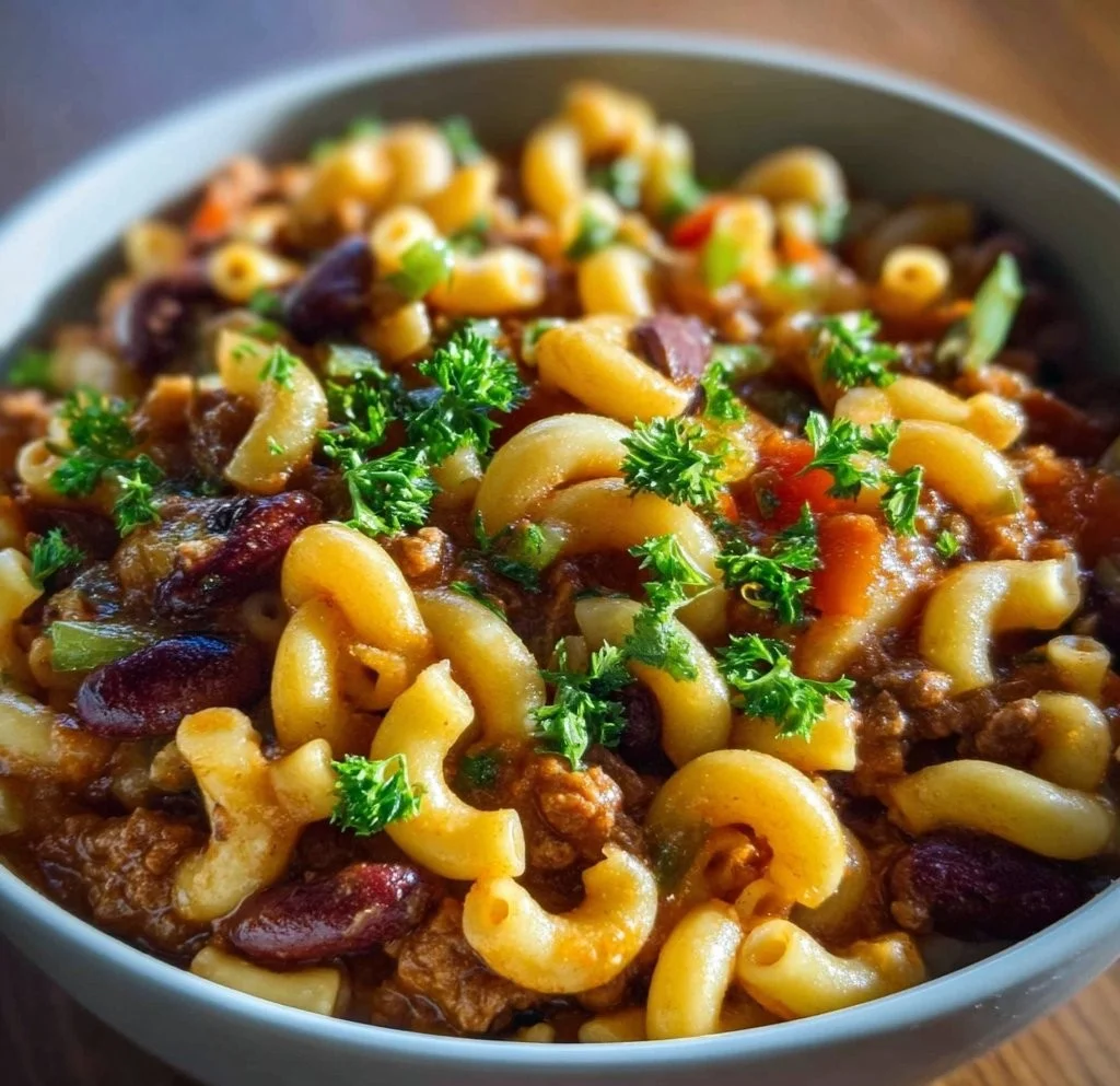 Bowl of Vegetarian Chili Mac with beans, pasta, and fresh herbs.