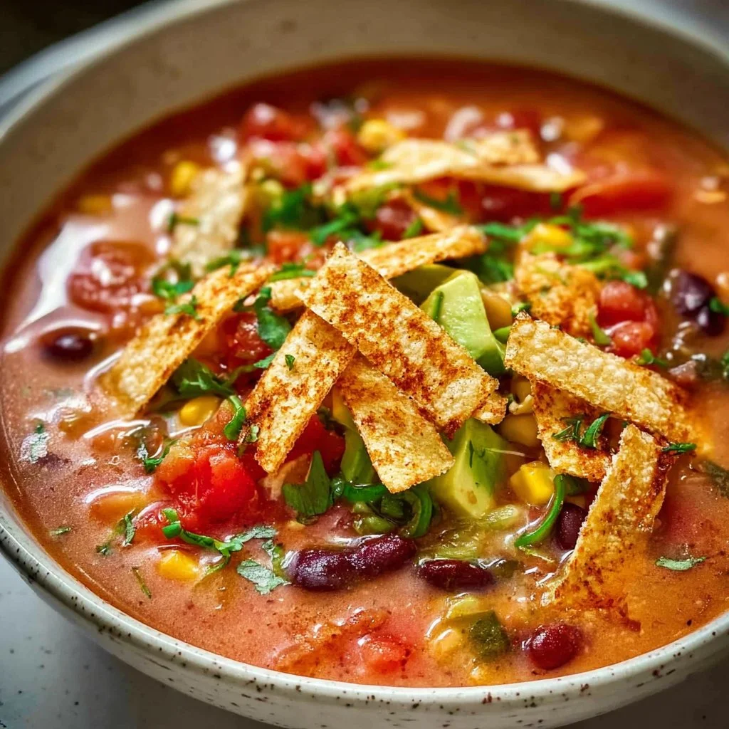 Bowl of delicious Vegetarian Tortilla Soup topped with tortilla strips and avocado