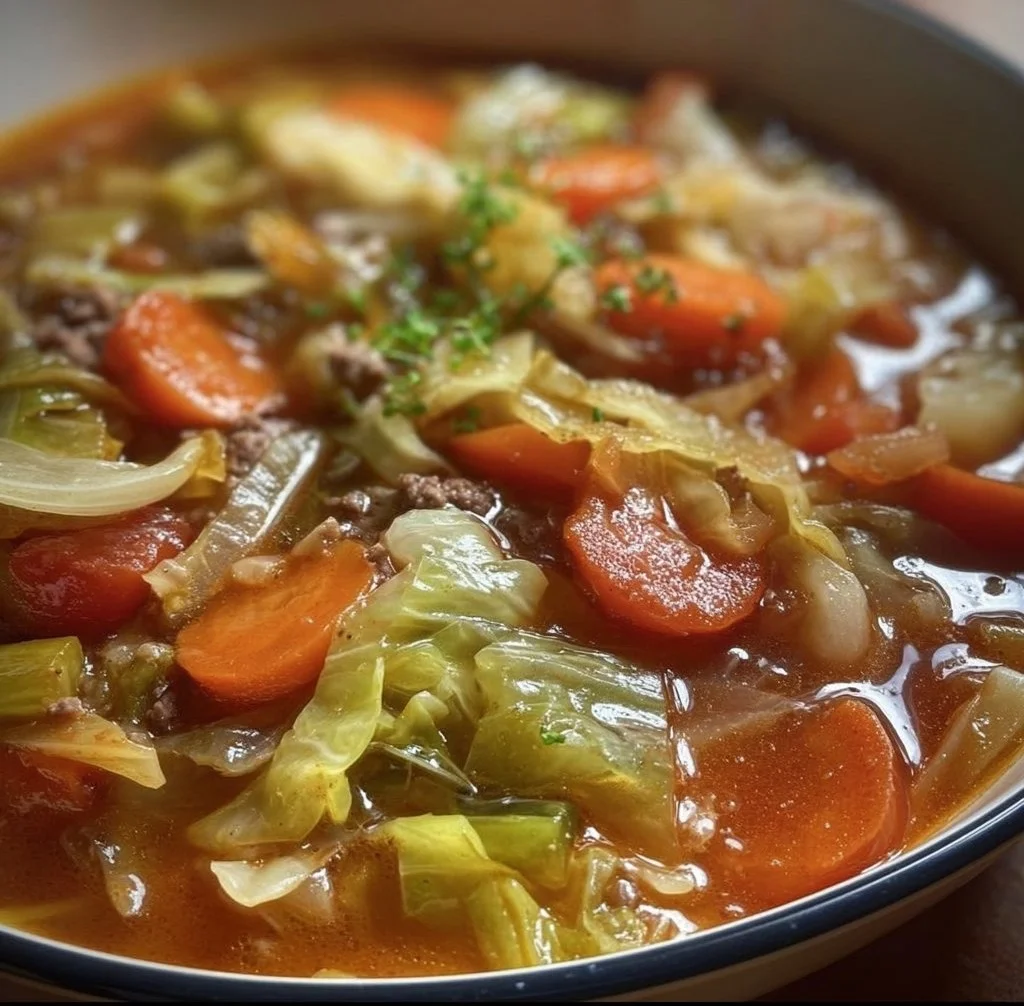 Healthy Weight Watchers cabbage soup recipe with fresh vegetables.