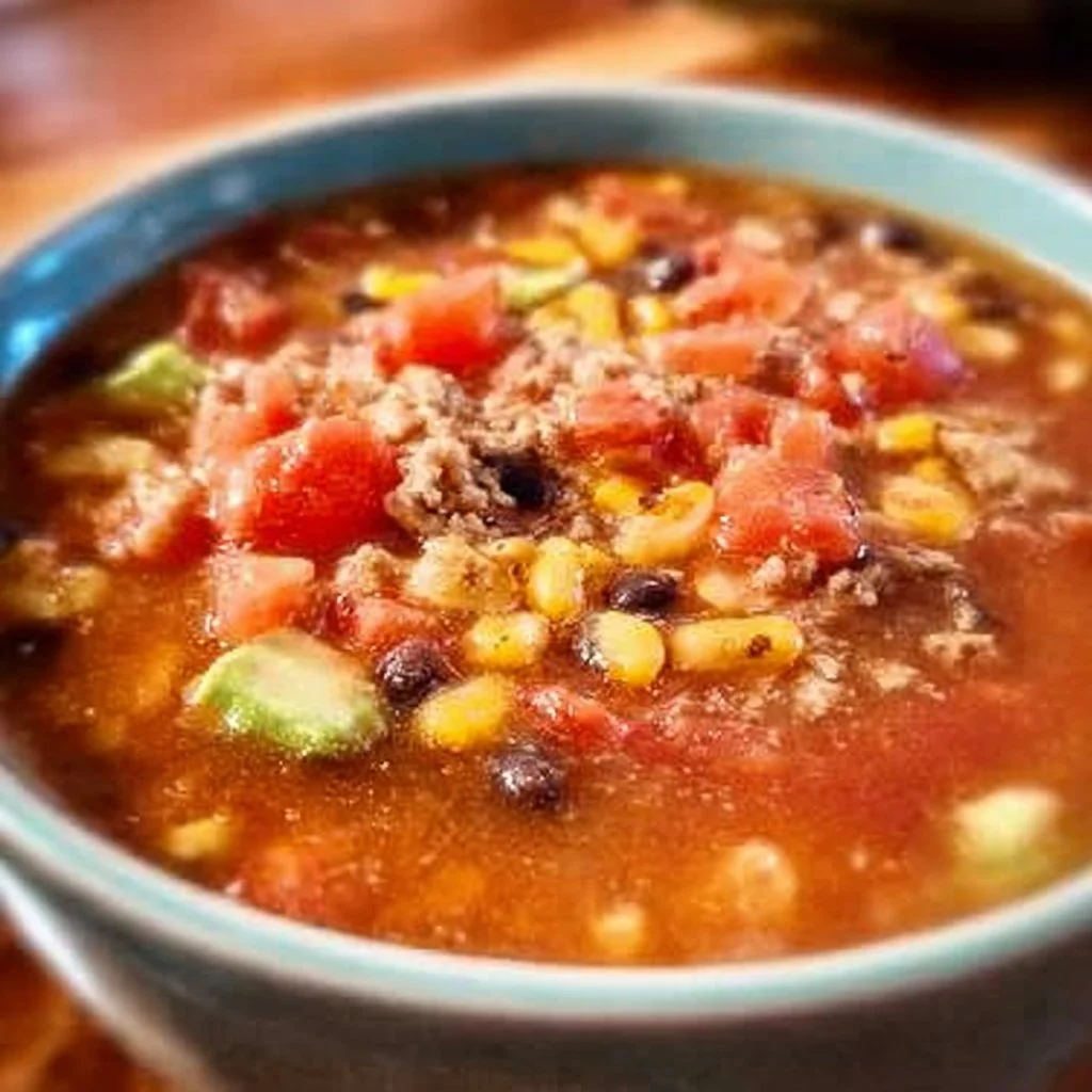 Bowl of Weight Watchers Taco Soup topped with cilantro and cheese
