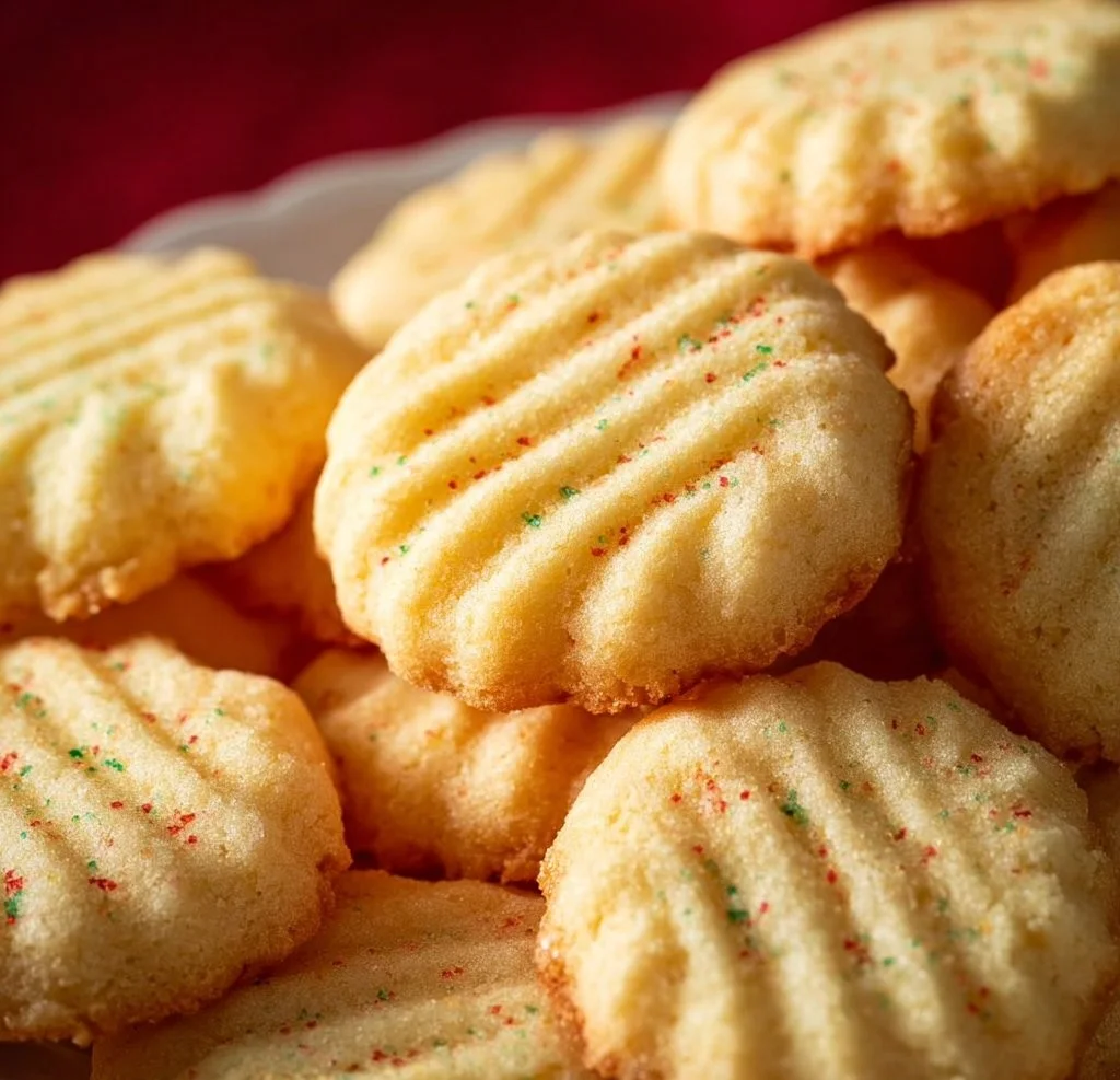 Plate of freshly baked whipped shortbread cookies decorated with sugar crystals.
