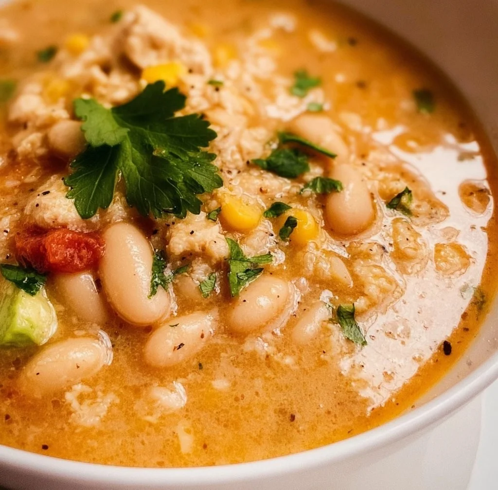 Bowl of white bean turkey chili garnished with cilantro and lime.