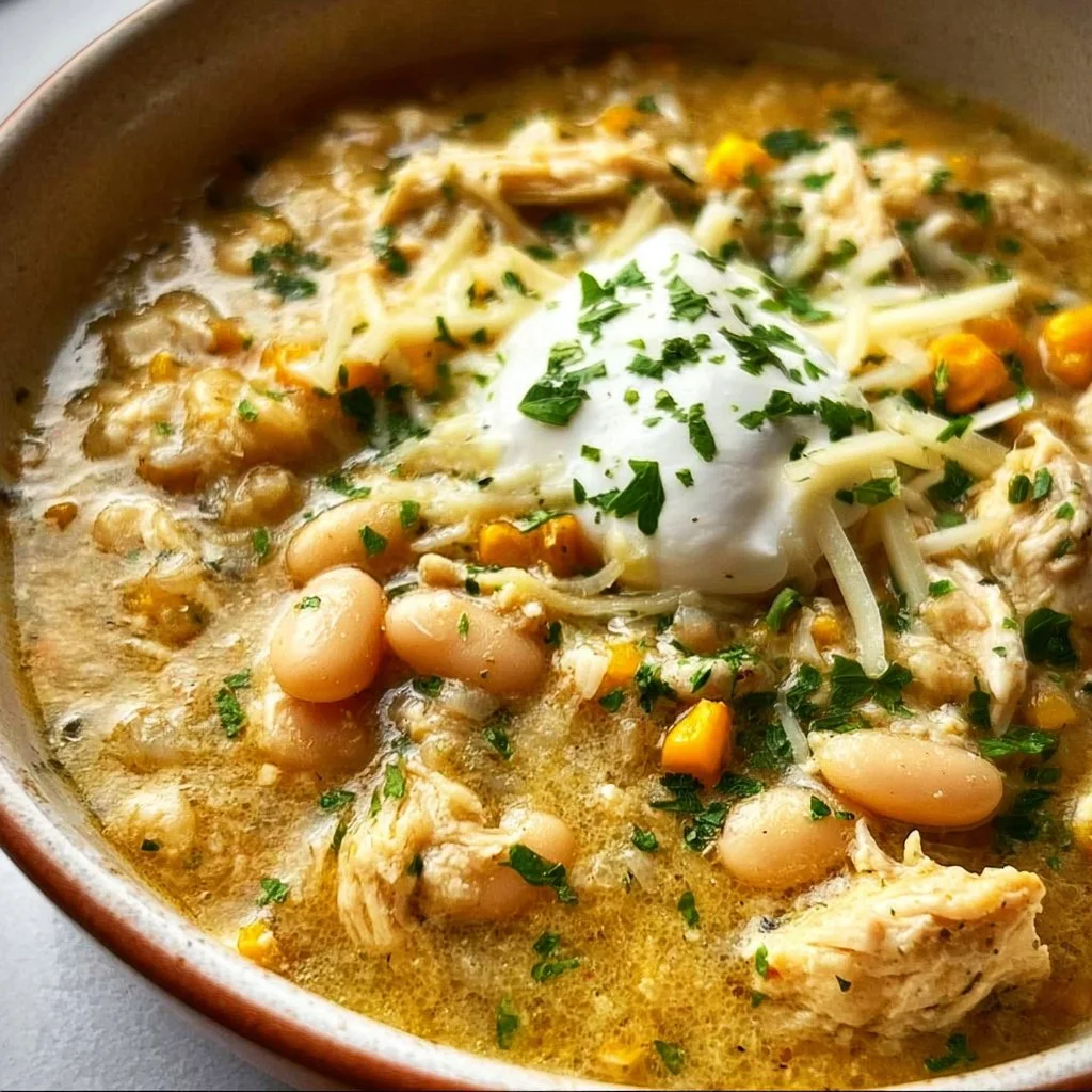 Bowl of delicious white chicken chili topped with cilantro and lime