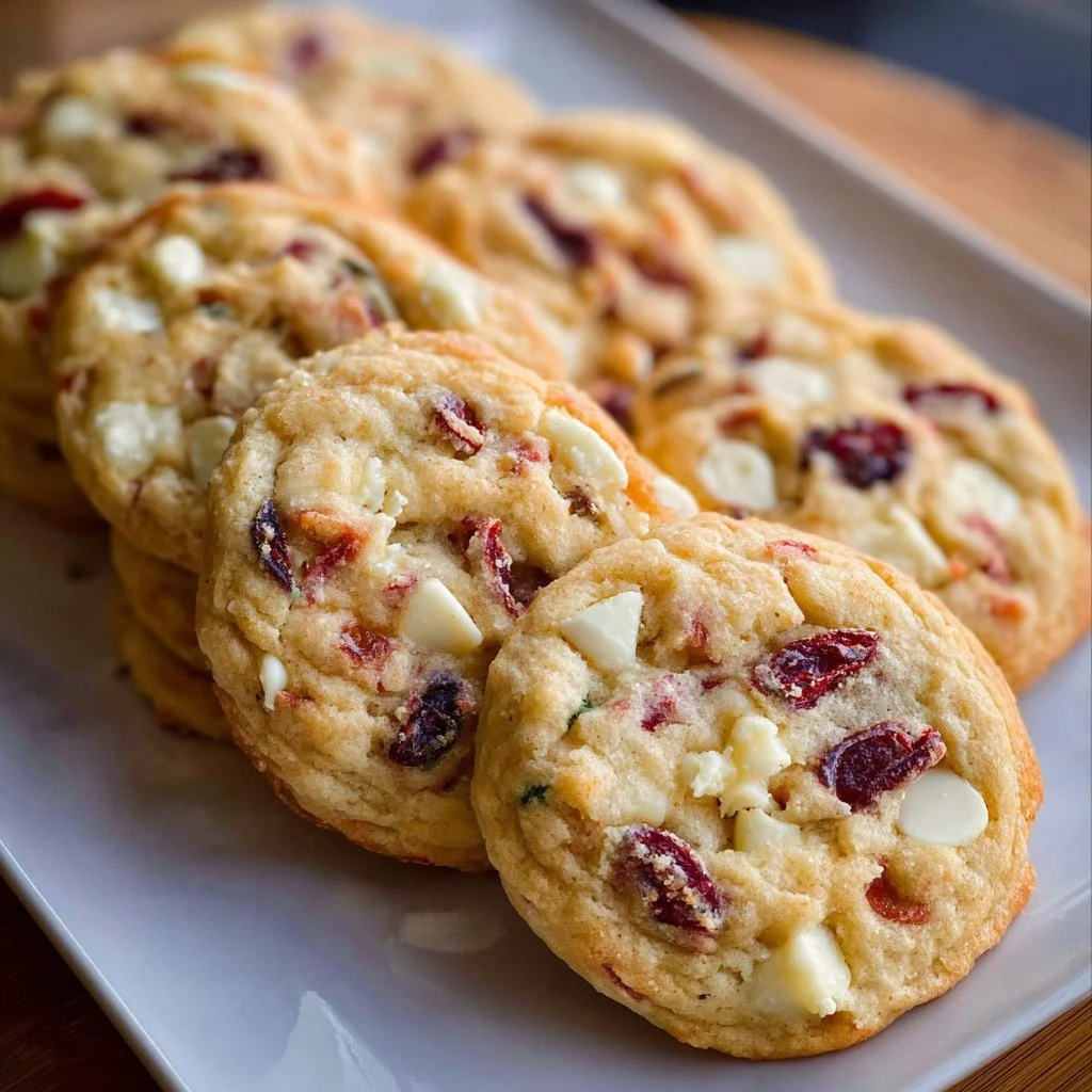 Baked white chocolate cranberry cookies on a plate with festive decorations.
