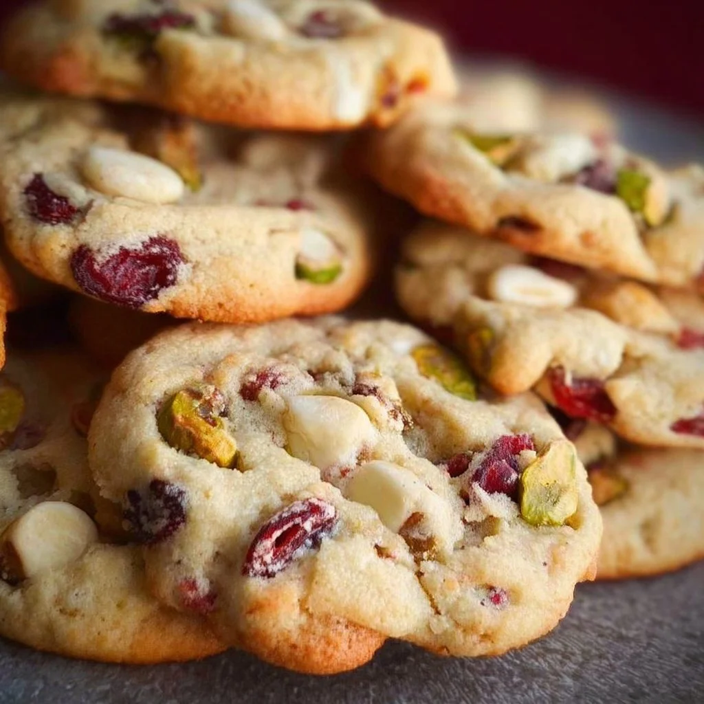 White Chocolate Cranberry Pistachio Cookies on a plate with festive decorations