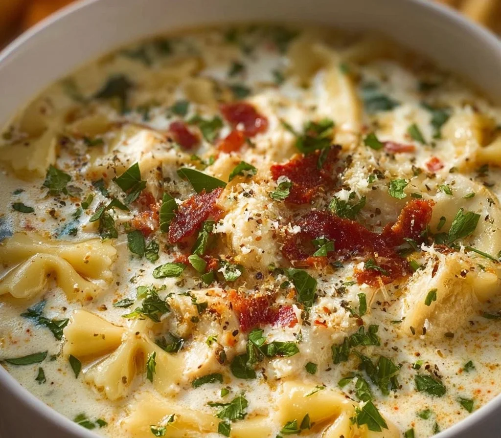 Bowl of creamy white lasagna soup topped with cheese and herbs