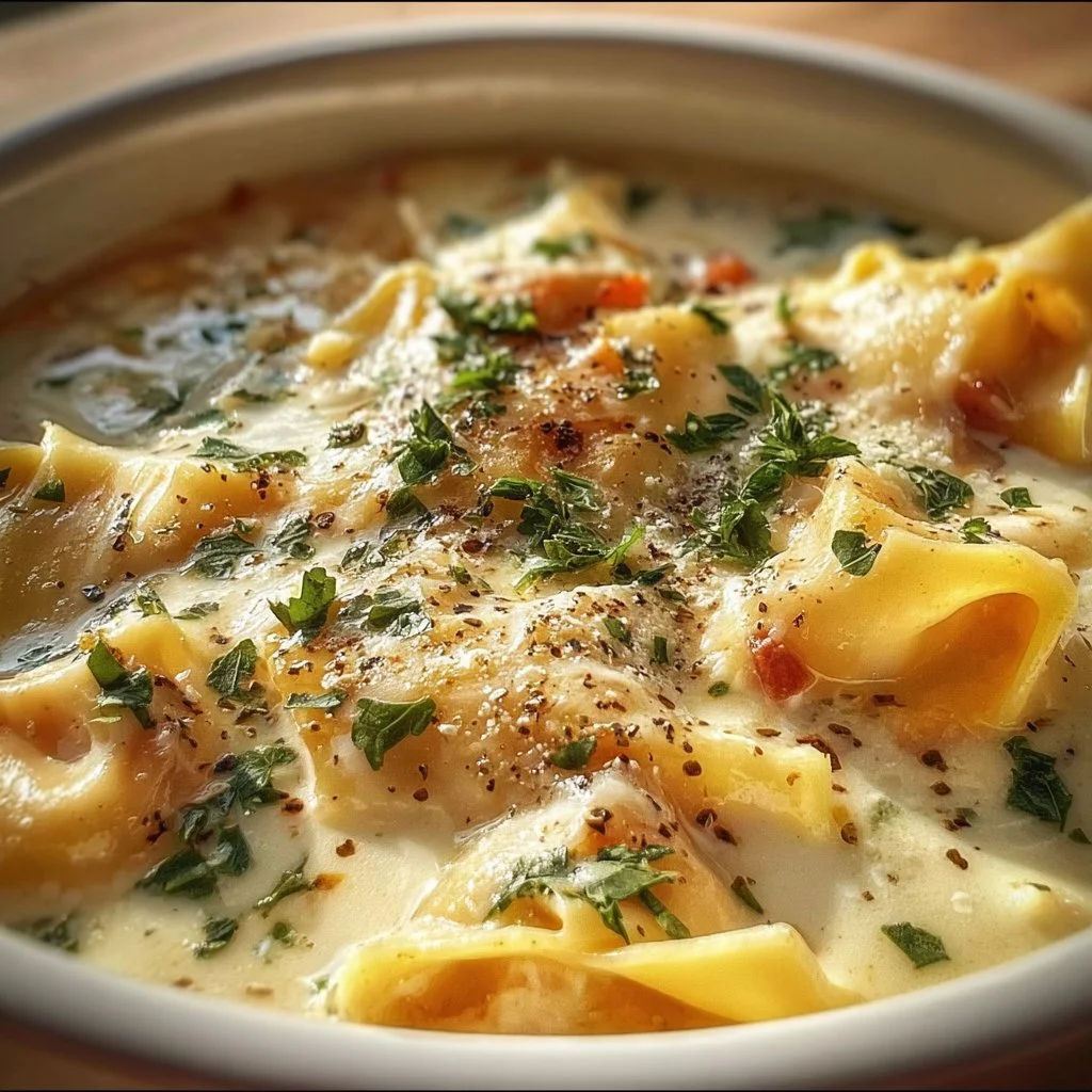 Bowl of creamy White Lasagna Soup with cheese and herbs
