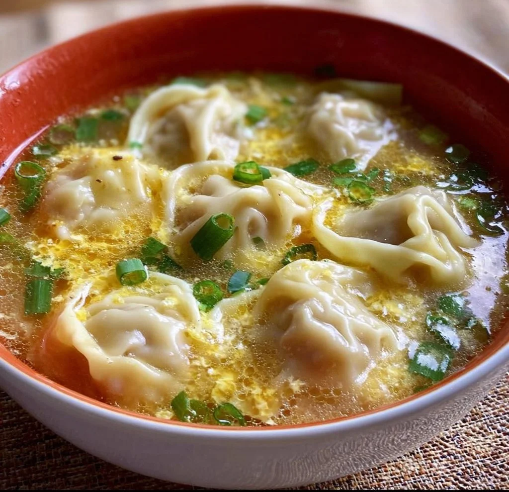 Bowl of wonton egg drop soup with fresh ingredients and garnishes
