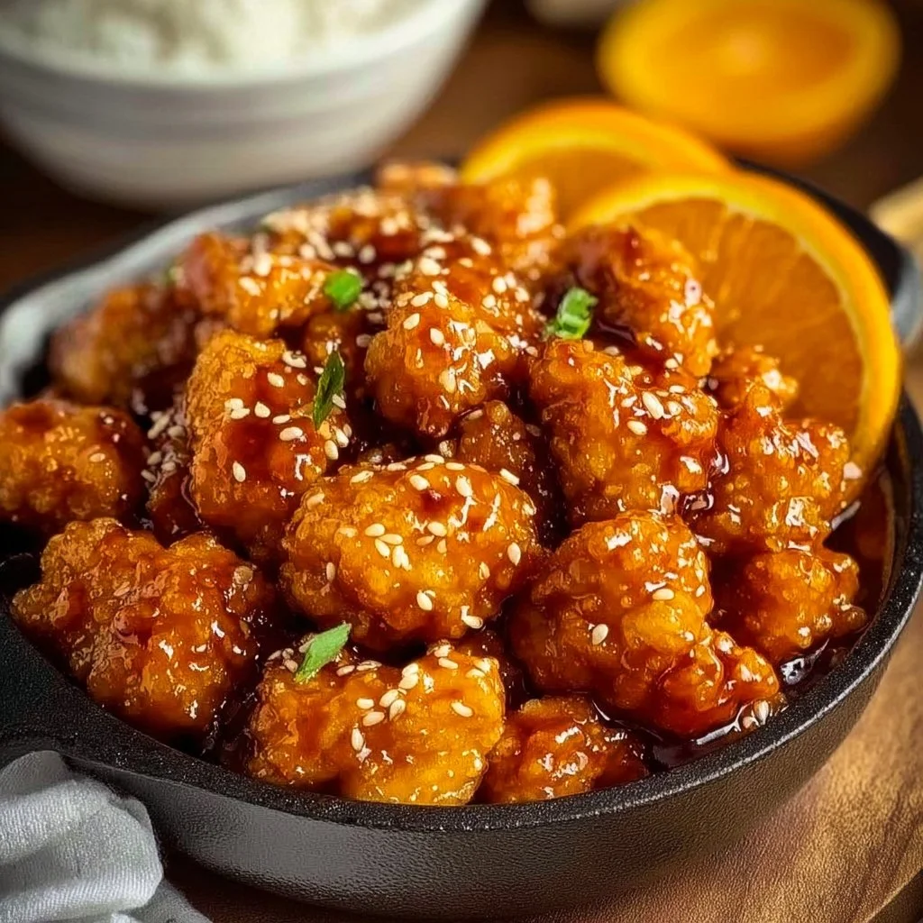 Delicious 3-ingredient orange chicken served with rice and vegetables.