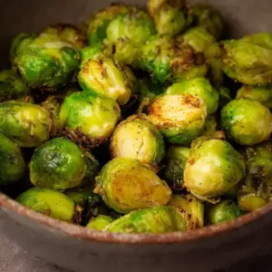Air fried frozen Brussels sprouts served in a bowl
