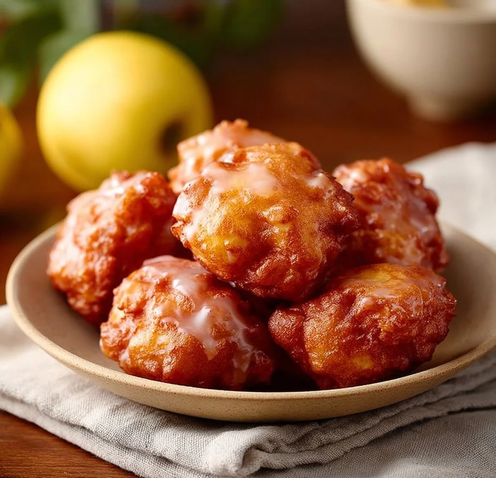 Delicious air fryer apple fritters served with a dusting of powdered sugar
