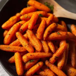 Plate of crispy Air Fryer baby carrots garnished with herbs